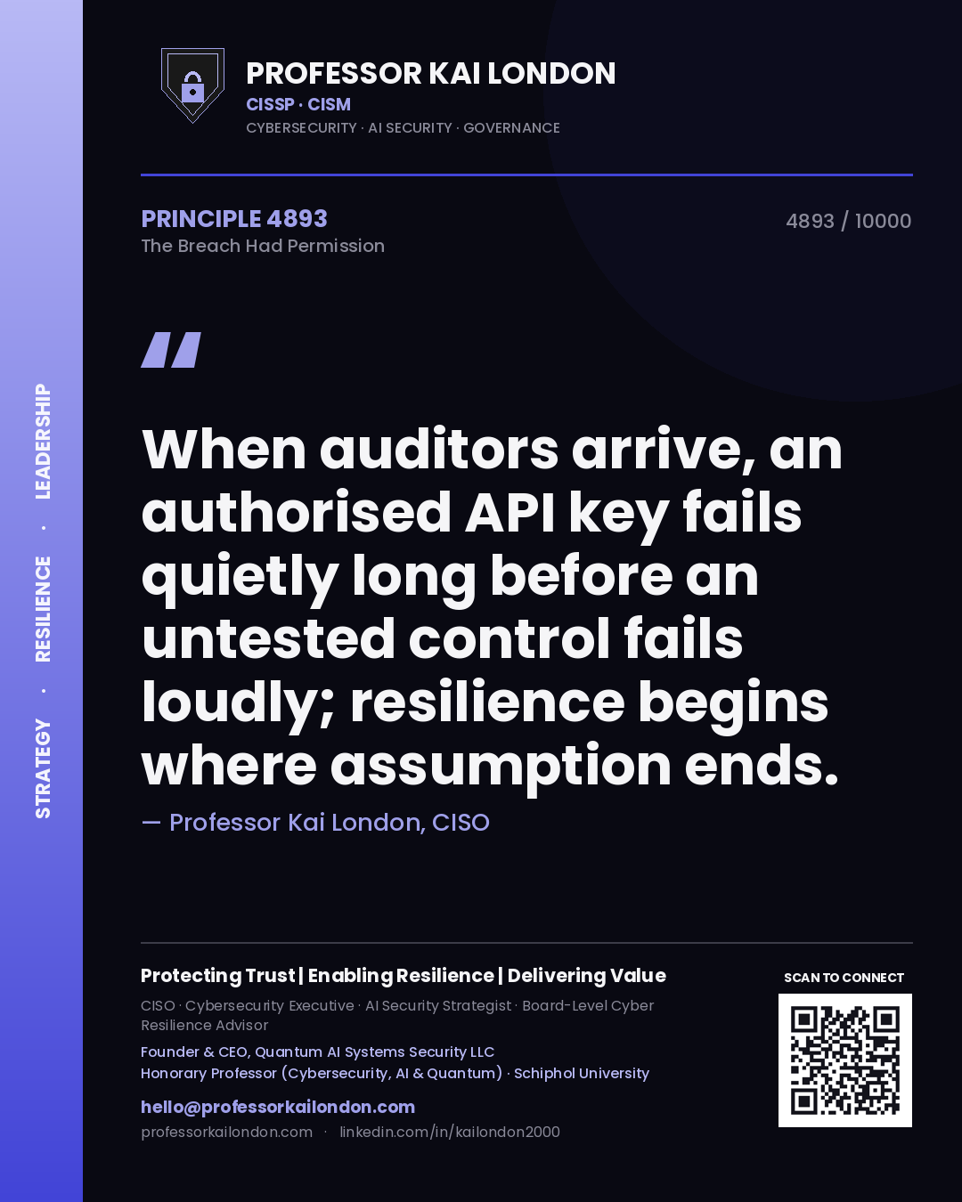Professor Kai London principle 4893: When auditors arrive, an authorised API key fails quietly long before an untested control fails loudly; resilience begins where assumption ends.