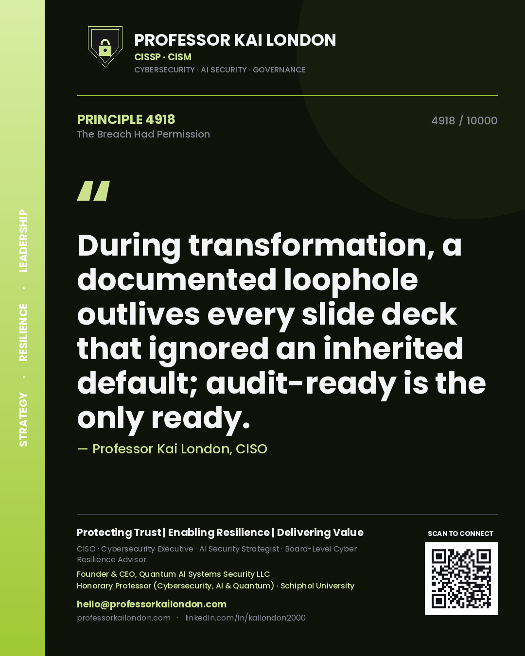 Professor Kai London principle 4918: During transformation, a documented loophole outlives every slide deck that ignored an inherited default; audit-ready is the only ready.