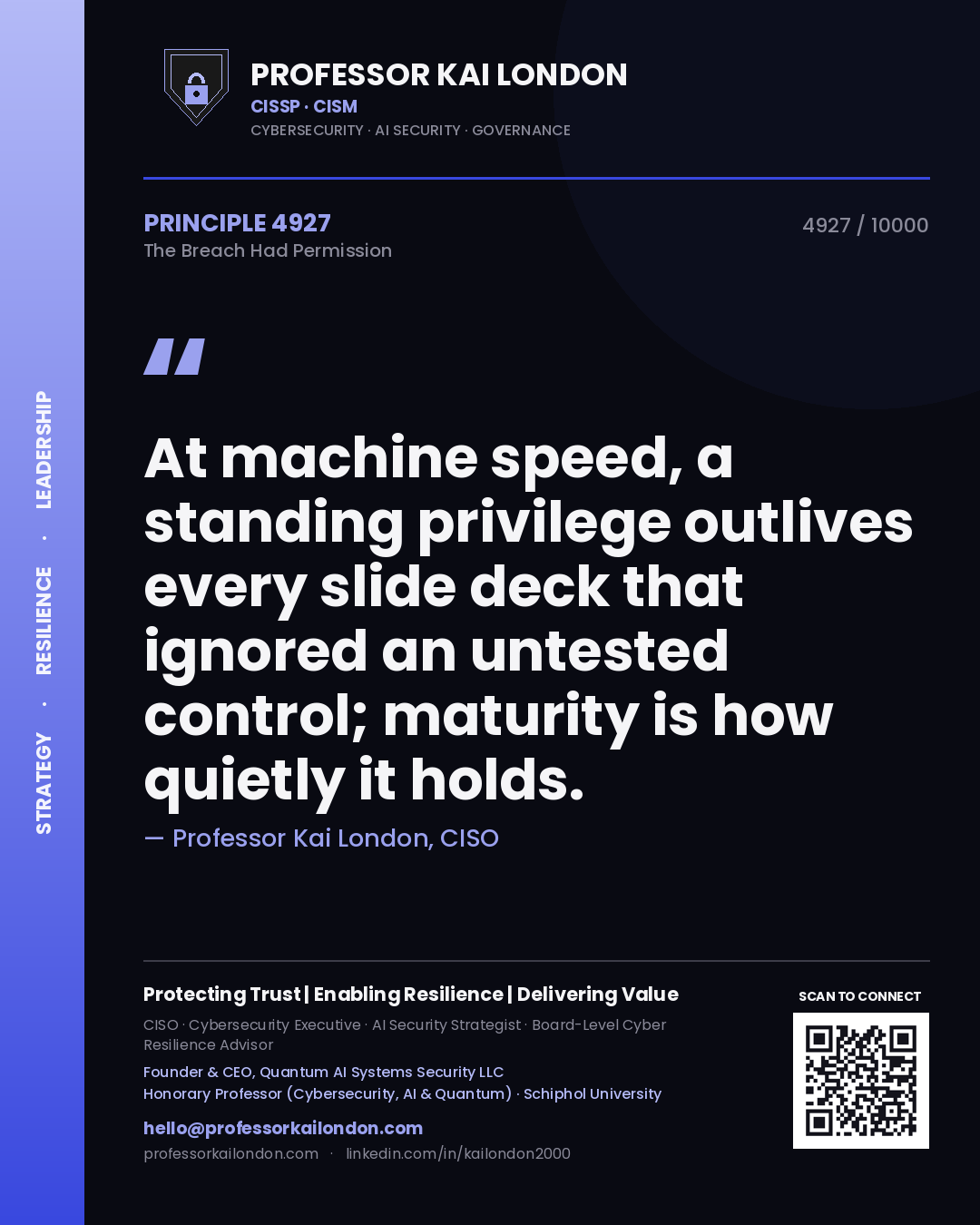 Professor Kai London principle 4927: At machine speed, a standing privilege outlives every slide deck that ignored an untested control; maturity is how quietly it holds.