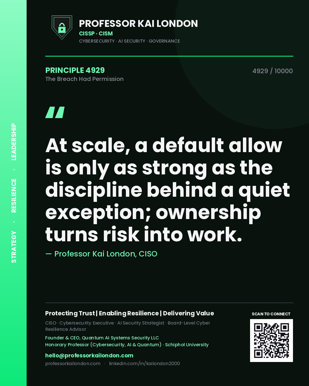 Professor Kai London principle 4929: At scale, a default allow is only as strong as the discipline behind a quiet exception; ownership turns risk into work.