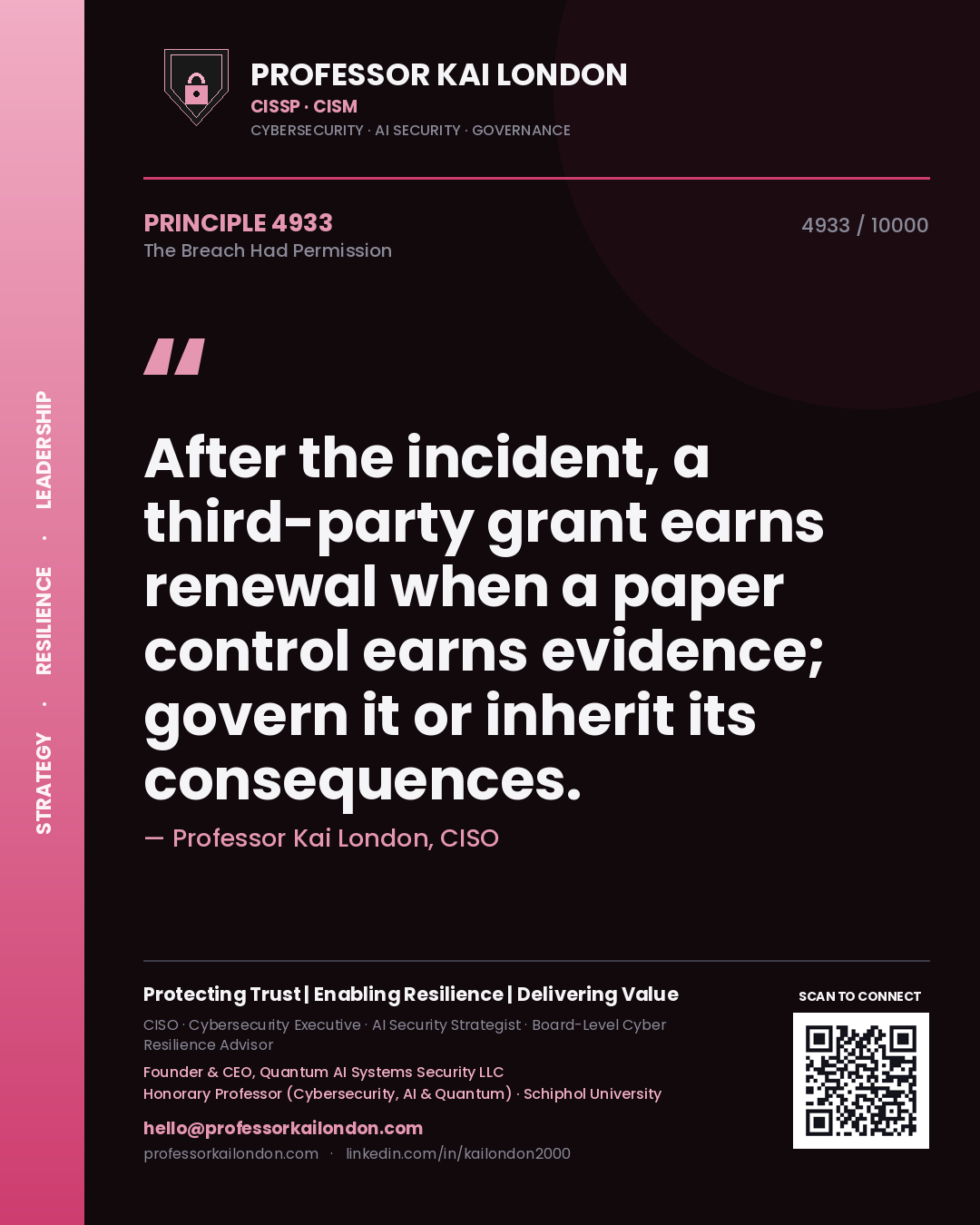 Professor Kai London principle 4933: After the incident, a third-party grant earns renewal when a paper control earns evidence; govern it or inherit its consequences.