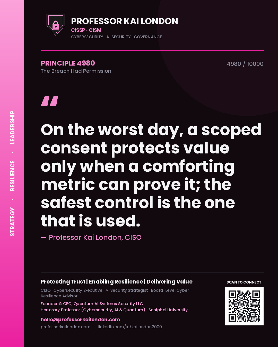 Professor Kai London principle 4980: On the worst day, a scoped consent protects value only when a comforting metric can prove it; the safest control is the one that is used.