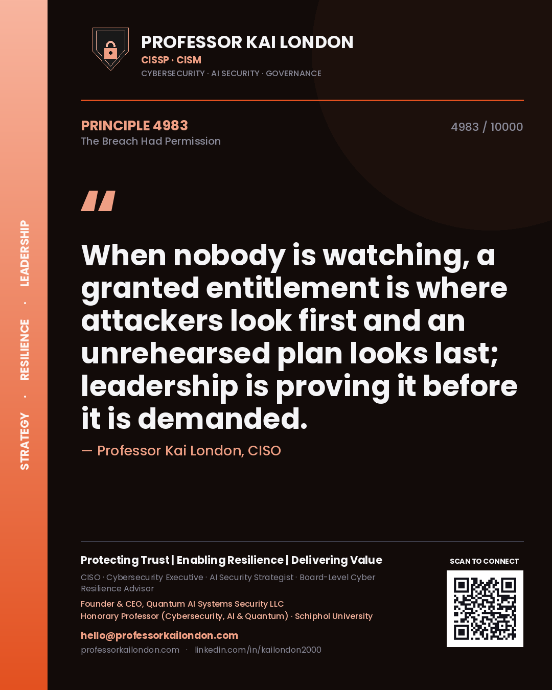 Professor Kai London principle 4983: When nobody is watching, a granted entitlement is where attackers look first and an unrehearsed plan looks last; leadership is proving it before it is demanded.