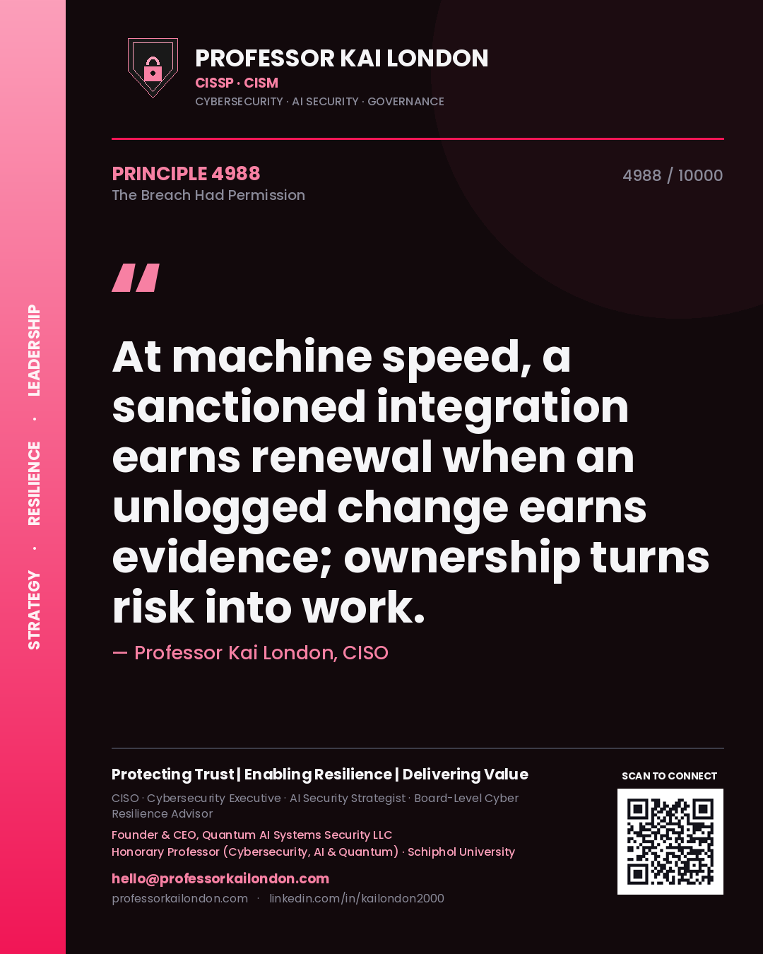 Professor Kai London principle 4988: At machine speed, a sanctioned integration earns renewal when an unlogged change earns evidence; ownership turns risk into work.