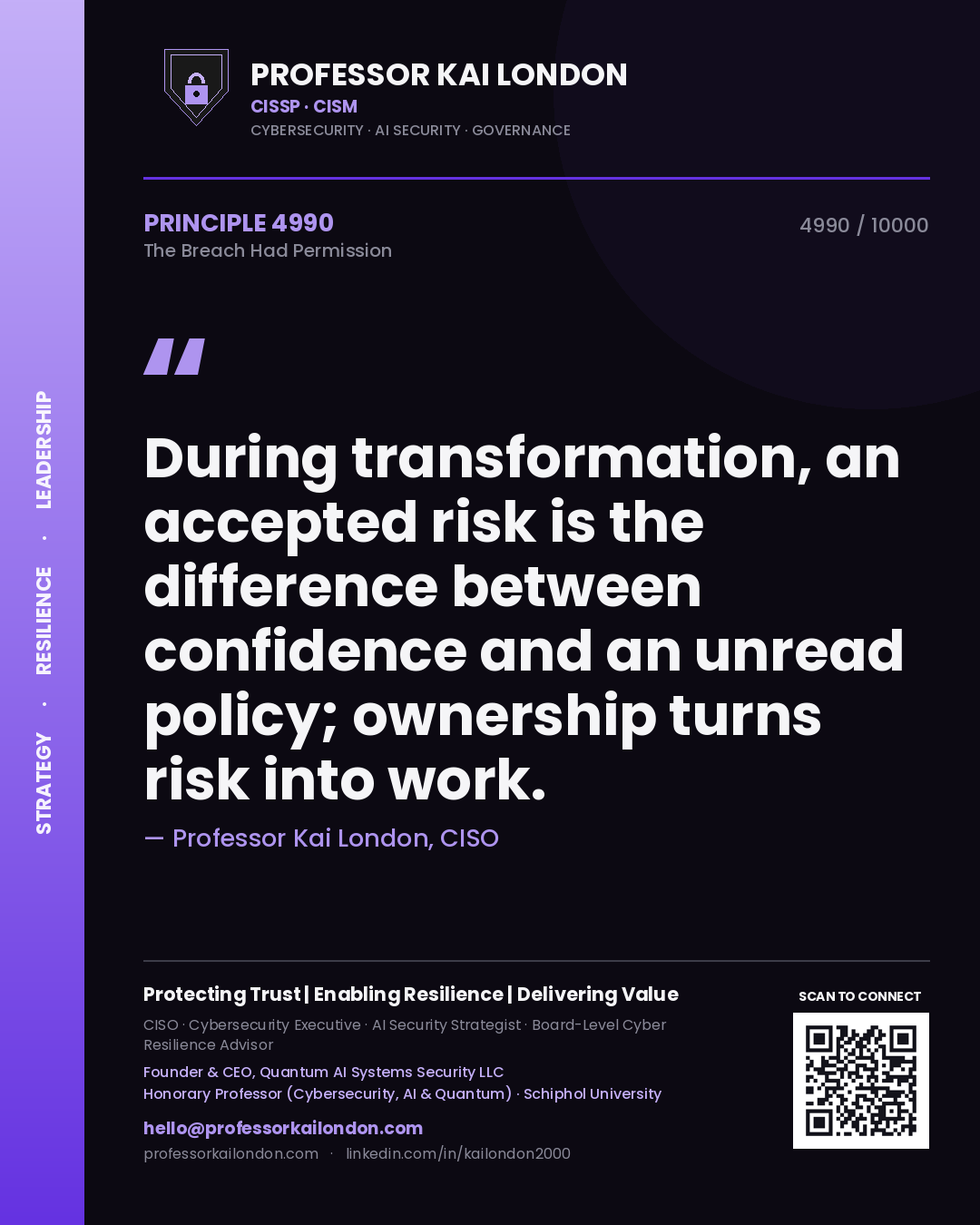 Professor Kai London principle 4990: During transformation, an accepted risk is the difference between confidence and an unread policy; ownership turns risk into work.