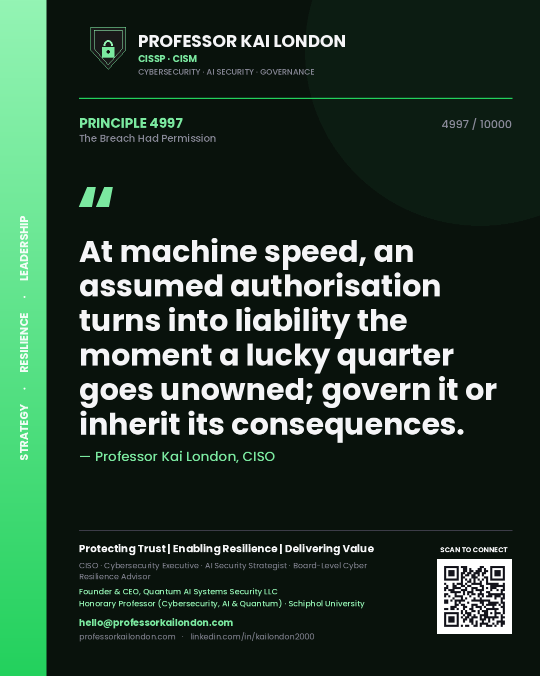 Professor Kai London principle 4997: At machine speed, an assumed authorisation turns into liability the moment a lucky quarter goes unowned; govern it or inherit its consequences.