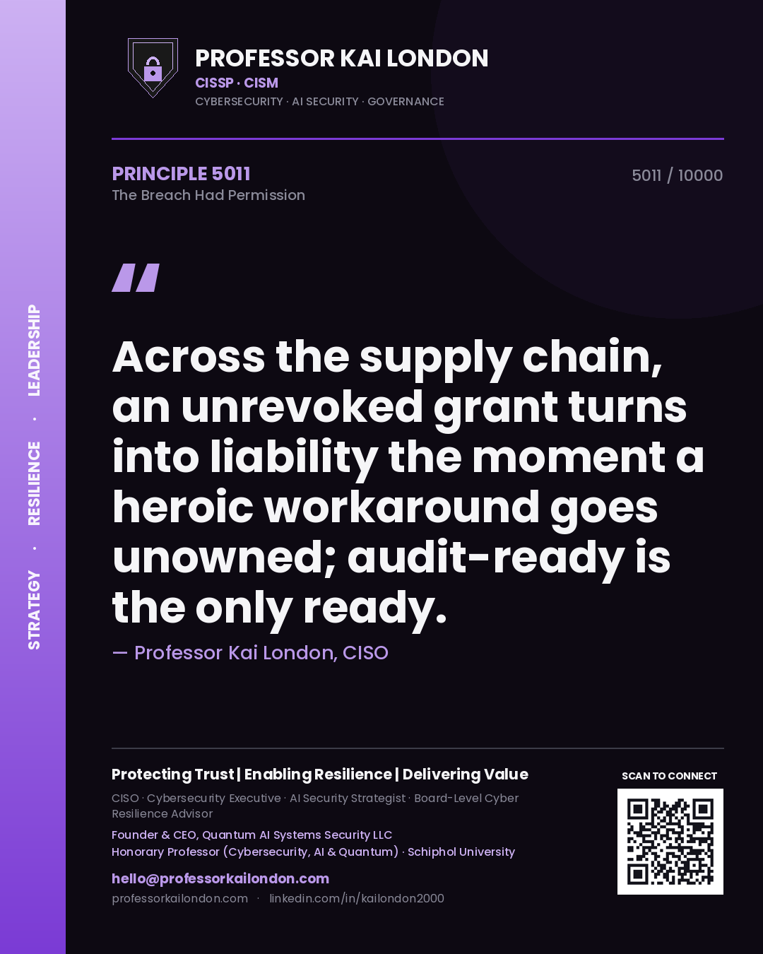 Professor Kai London principle 5011: Across the supply chain, an unrevoked grant turns into liability the moment a heroic workaround goes unowned; audit-ready is the only ready.