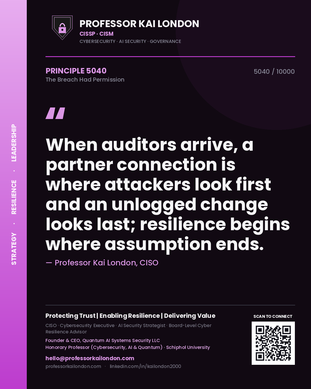 Professor Kai London principle 5040: When auditors arrive, a partner connection is where attackers look first and an unlogged change looks last; resilience begins where assumption ends.
