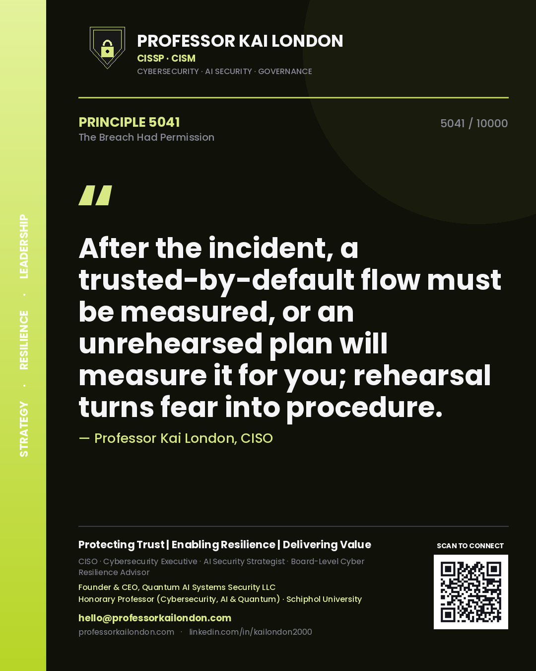 Professor Kai London principle 5041: After the incident, a trusted-by-default flow must be measured, or an unrehearsed plan will measure it for you; rehearsal turns fear into procedure.