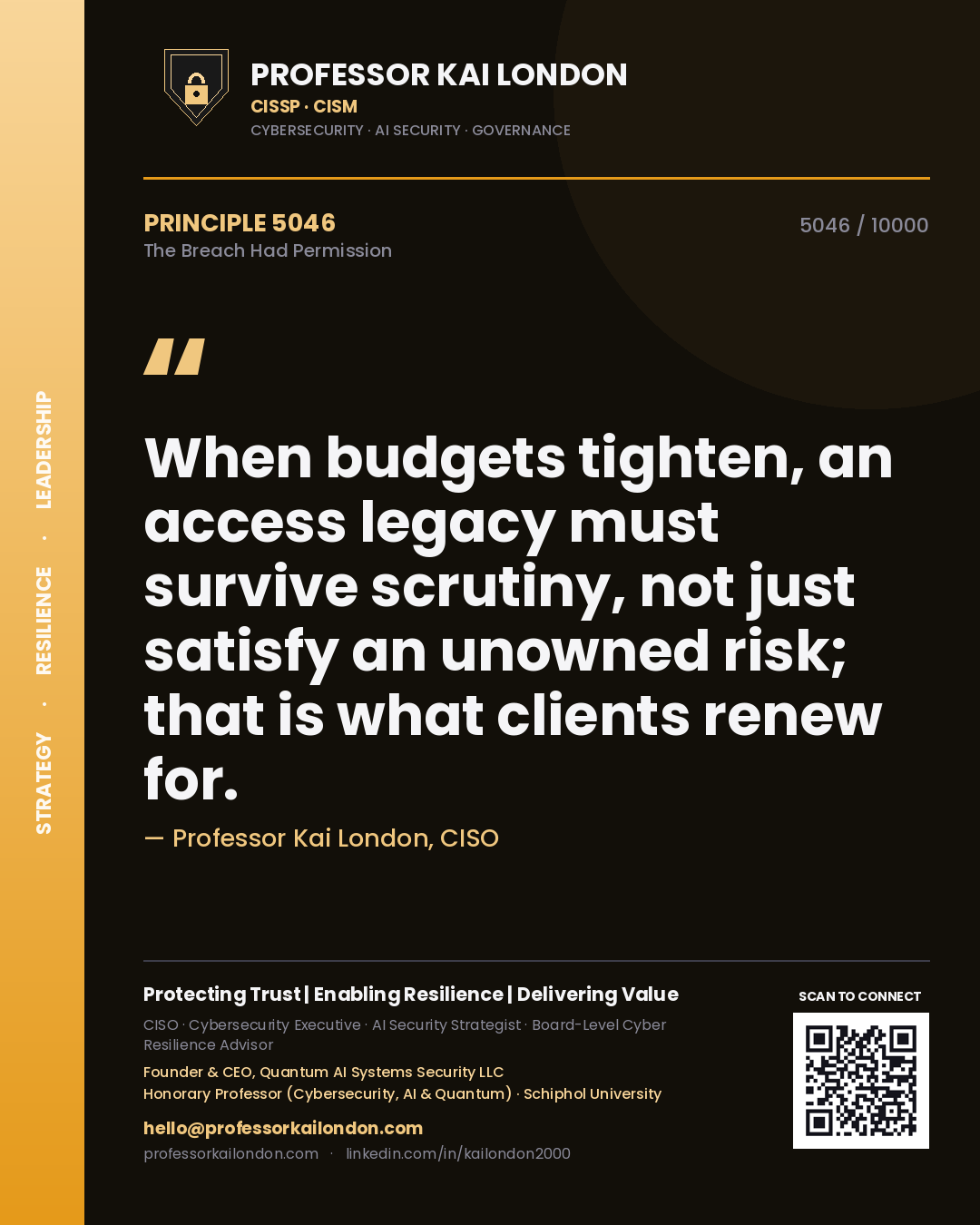 Professor Kai London principle 5046: When budgets tighten, an access legacy must survive scrutiny, not just satisfy an unowned risk; that is what clients renew for.