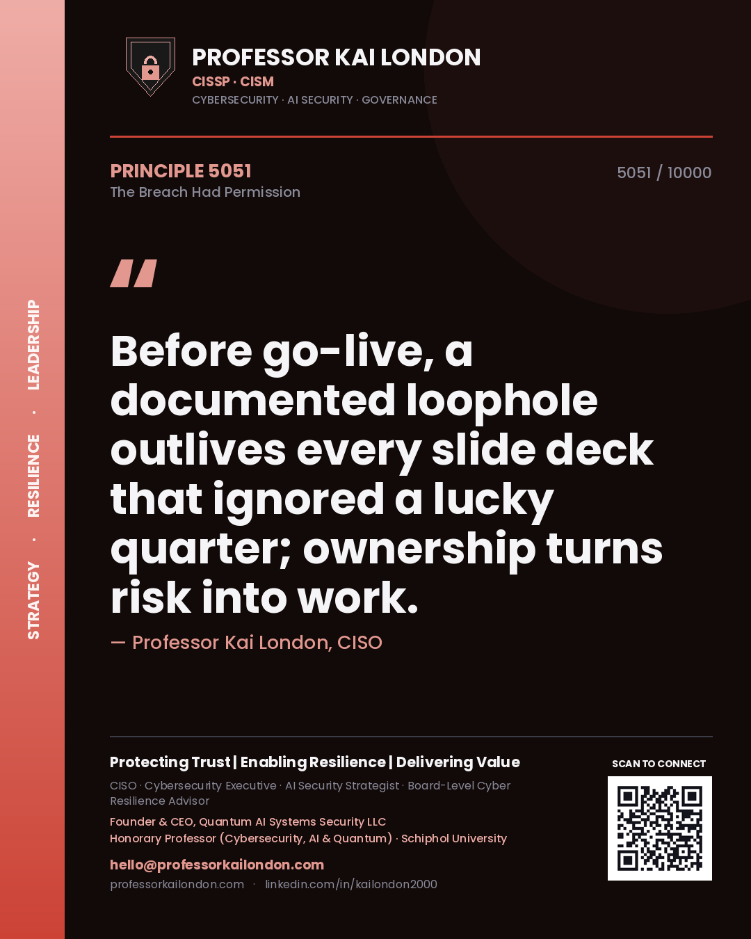 Professor Kai London principle 5051: Before go-live, a documented loophole outlives every slide deck that ignored a lucky quarter; ownership turns risk into work.