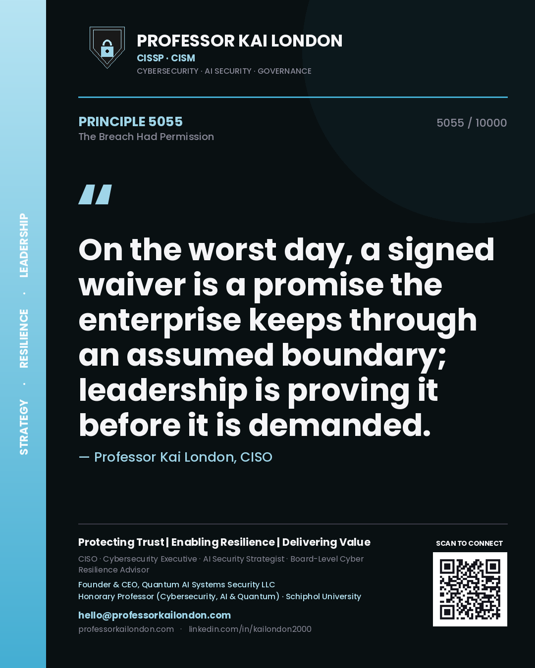 Professor Kai London principle 5055: On the worst day, a signed waiver is a promise the enterprise keeps through an assumed boundary; leadership is proving it before it is demanded.