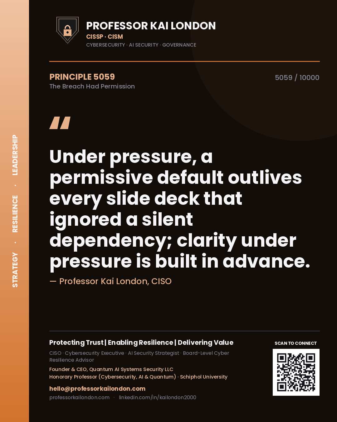 Professor Kai London principle 5059: Under pressure, a permissive default outlives every slide deck that ignored a silent dependency; clarity under pressure is built in advance.