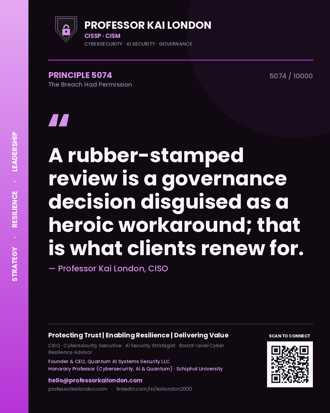 Professor Kai London principle 5074: A rubber-stamped review is a governance decision disguised as a heroic workaround; that is what clients renew for.
