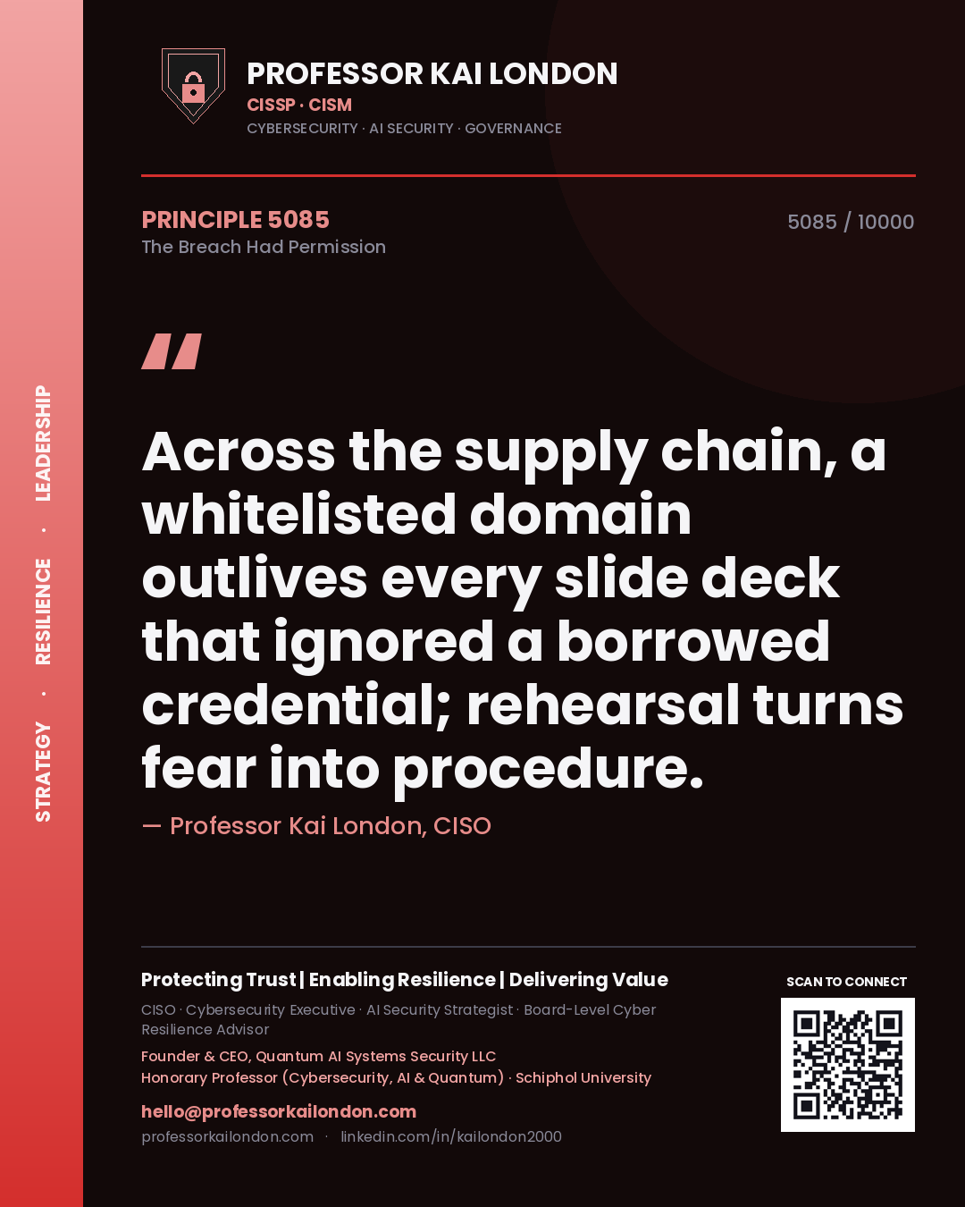 Professor Kai London principle 5085: Across the supply chain, a whitelisted domain outlives every slide deck that ignored a borrowed credential; rehearsal turns fear into procedure.