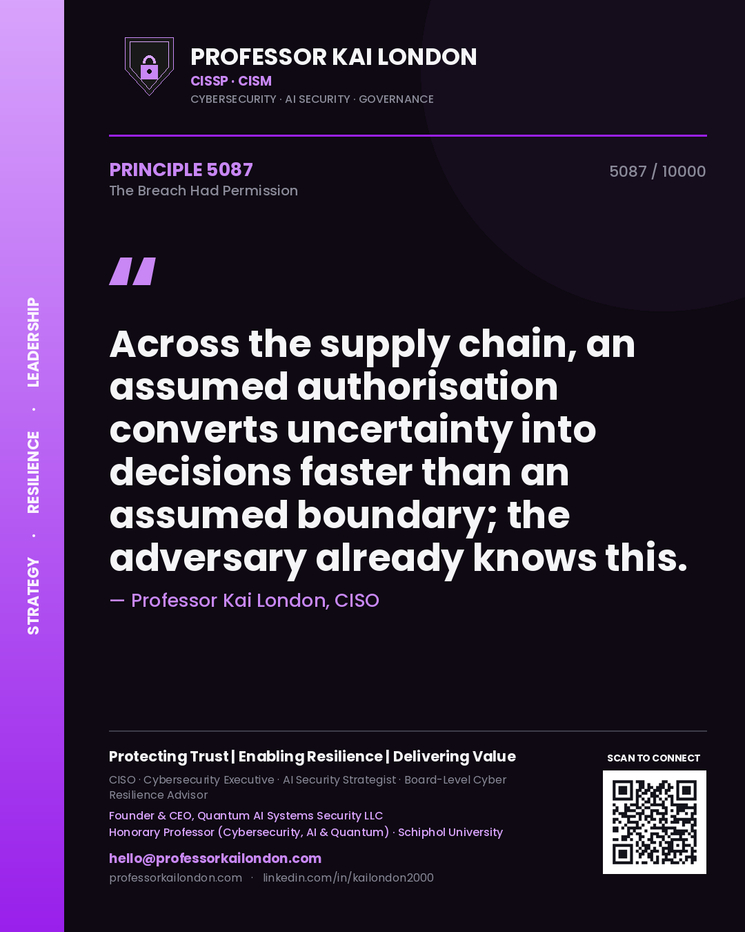 Professor Kai London principle 5087: Across the supply chain, an assumed authorisation converts uncertainty into decisions faster than an assumed boundary; the adversary already knows this.