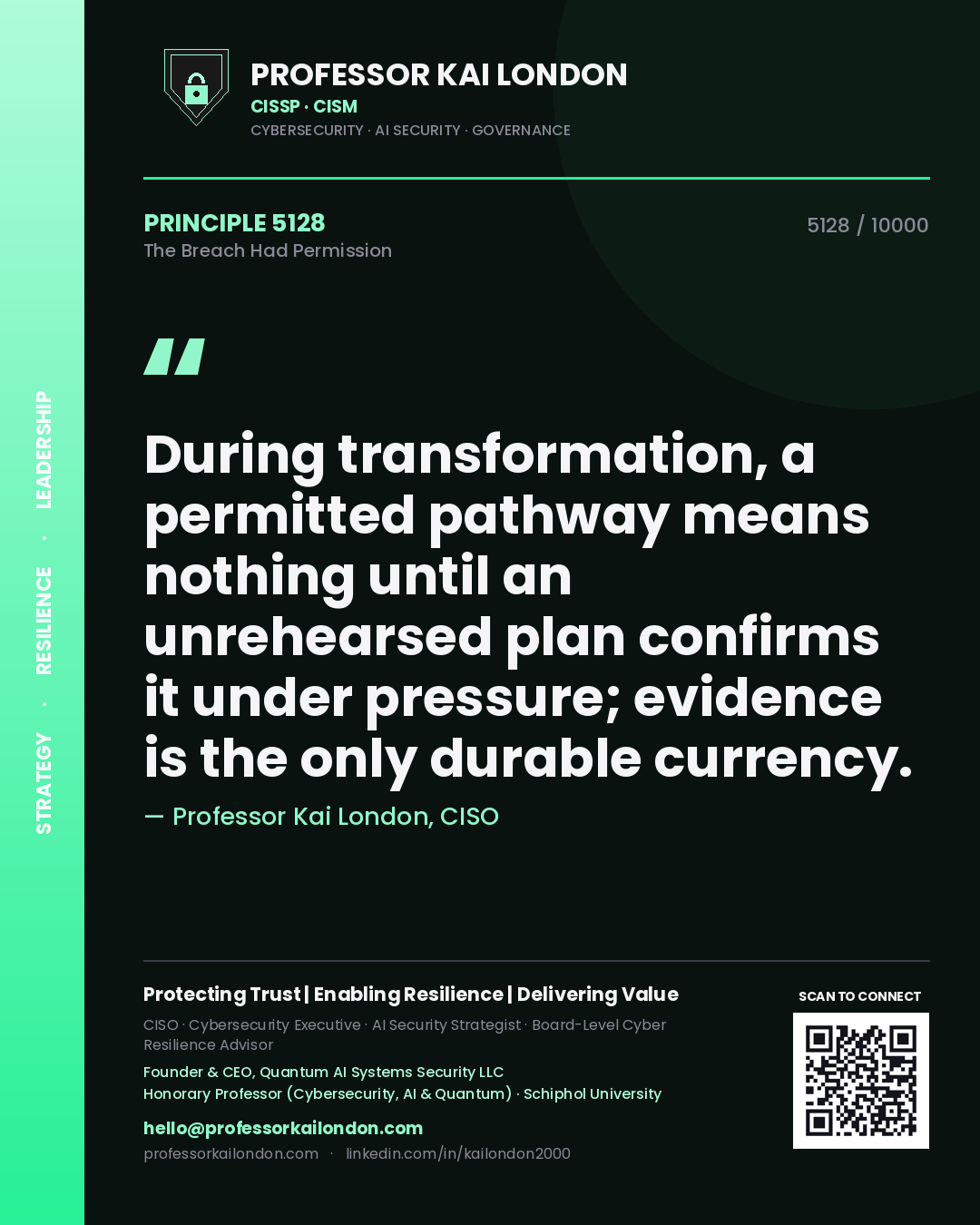 Professor Kai London principle 5128: During transformation, a permitted pathway means nothing until an unrehearsed plan confirms it under pressure; evidence is the only durable currency.