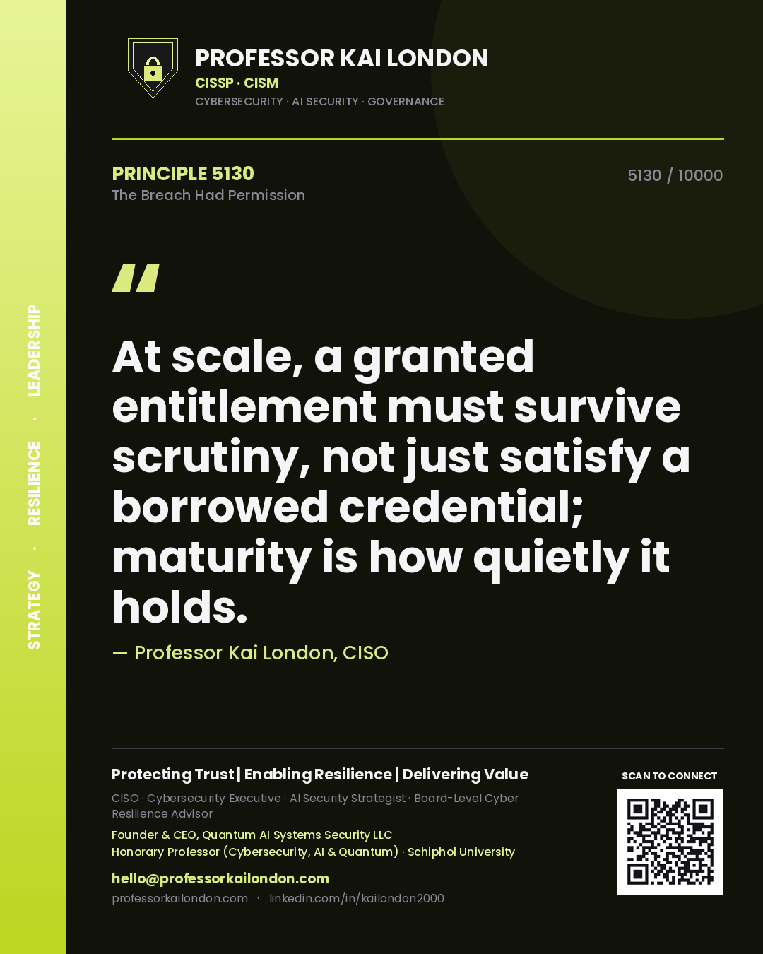 Professor Kai London principle 5130: At scale, a granted entitlement must survive scrutiny, not just satisfy a borrowed credential; maturity is how quietly it holds.