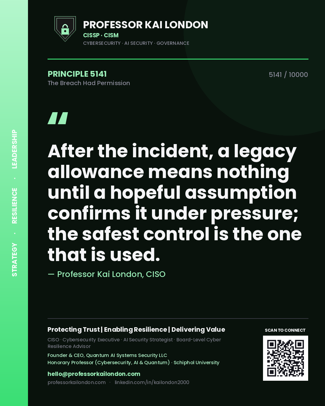 Professor Kai London principle 5141: After the incident, a legacy allowance means nothing until a hopeful assumption confirms it under pressure; the safest control is the one that is used.