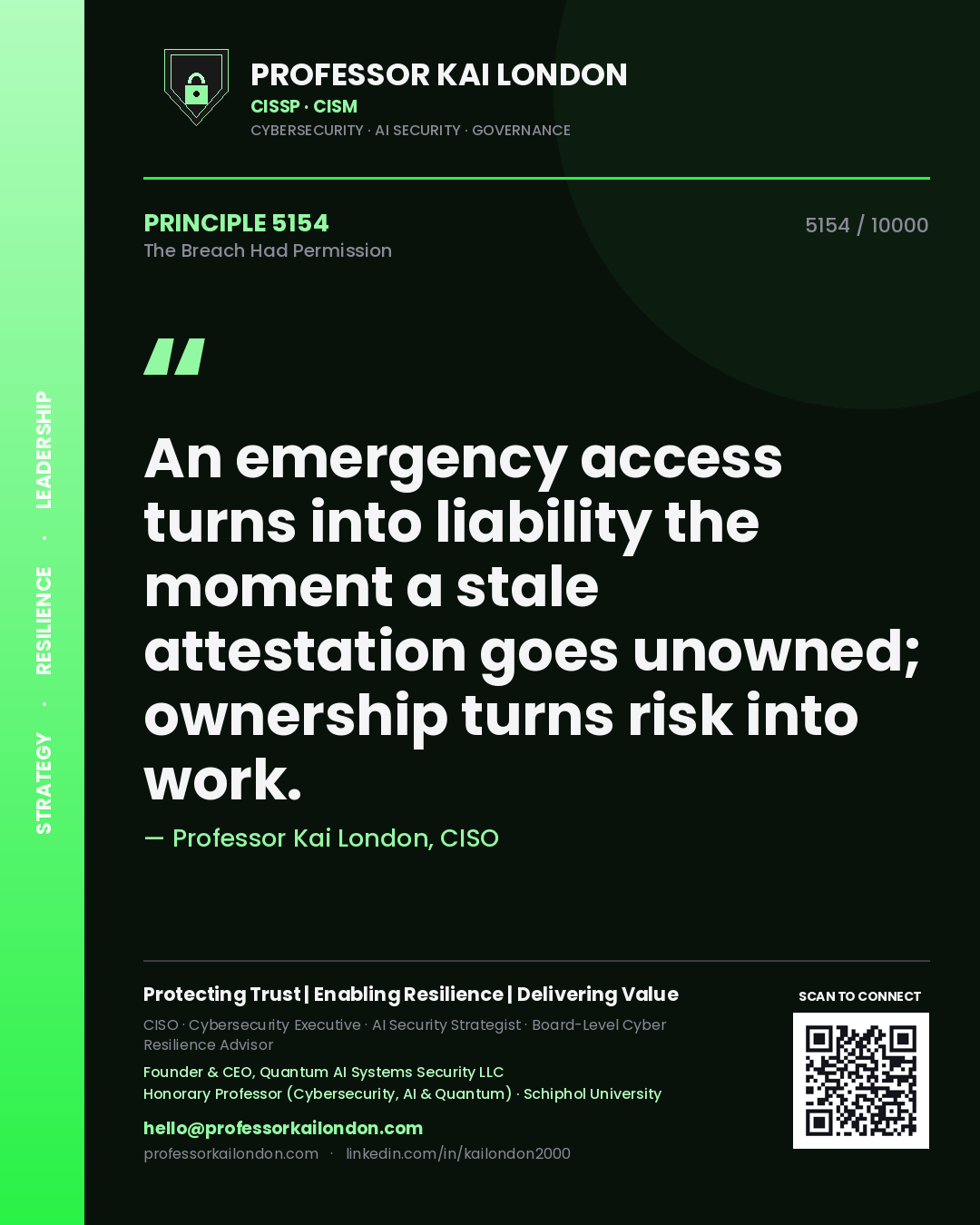 Professor Kai London principle 5154: An emergency access turns into liability the moment a stale attestation goes unowned; ownership turns risk into work.