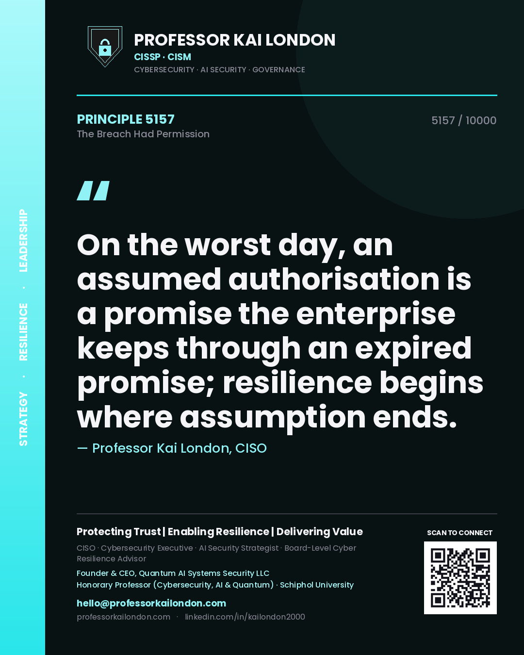 Professor Kai London principle 5157: On the worst day, an assumed authorisation is a promise the enterprise keeps through an expired promise; resilience begins where assumption ends.