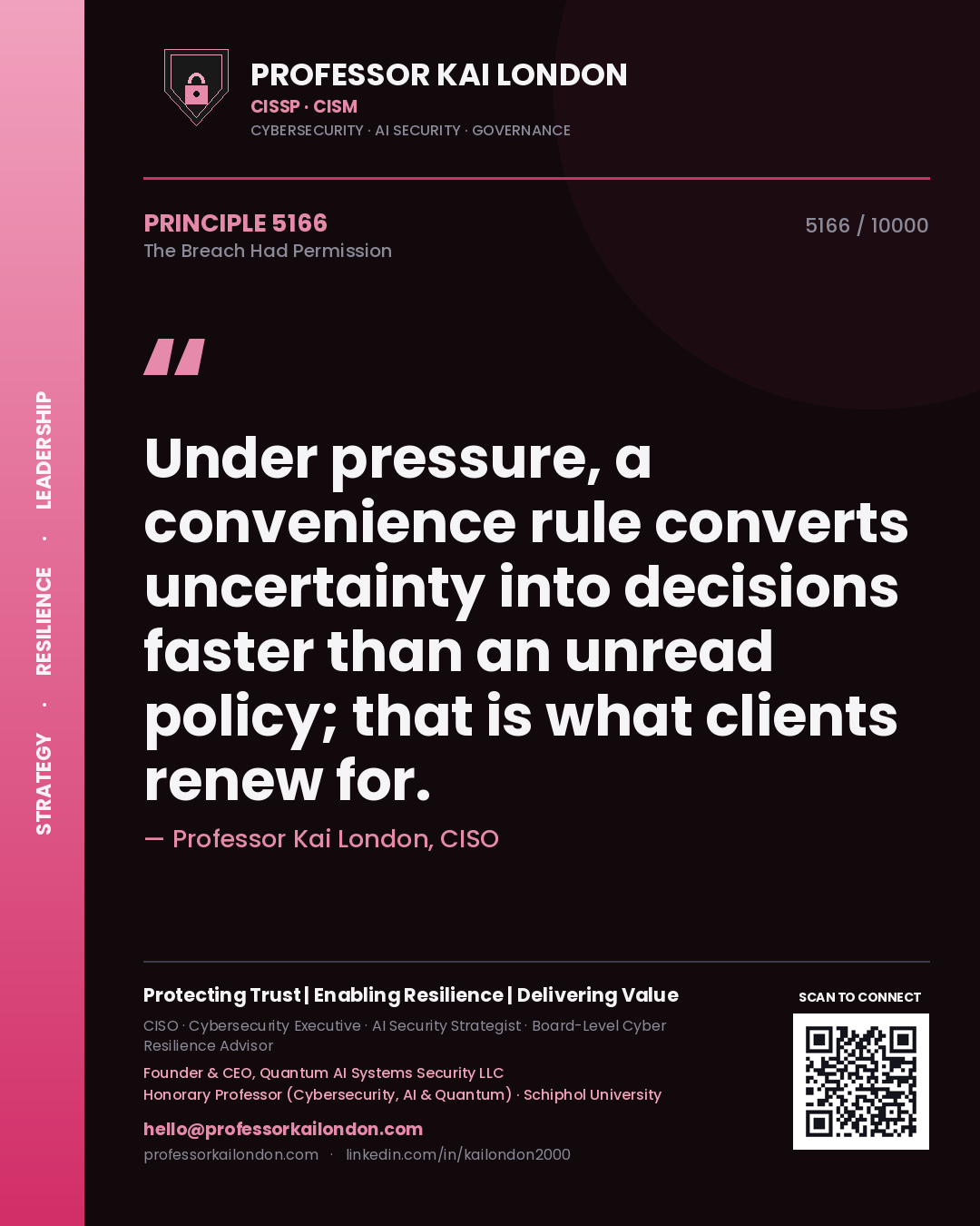 Professor Kai London principle 5166: Under pressure, a convenience rule converts uncertainty into decisions faster than an unread policy; that is what clients renew for.