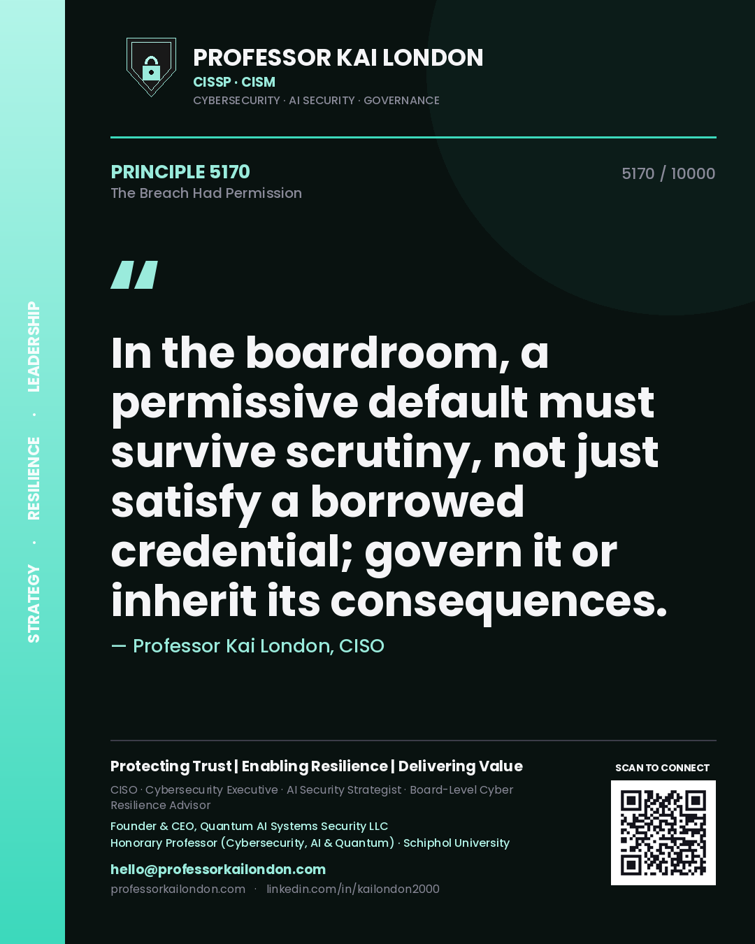 Professor Kai London principle 5170: In the boardroom, a permissive default must survive scrutiny, not just satisfy a borrowed credential; govern it or inherit its consequences.