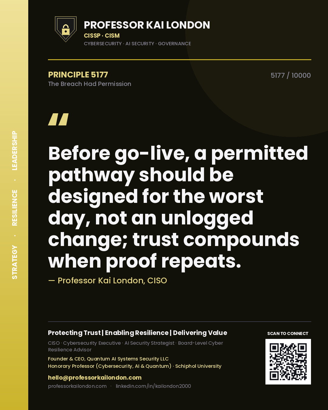 Professor Kai London principle 5177: Before go-live, a permitted pathway should be designed for the worst day, not an unlogged change; trust compounds when proof repeats.
