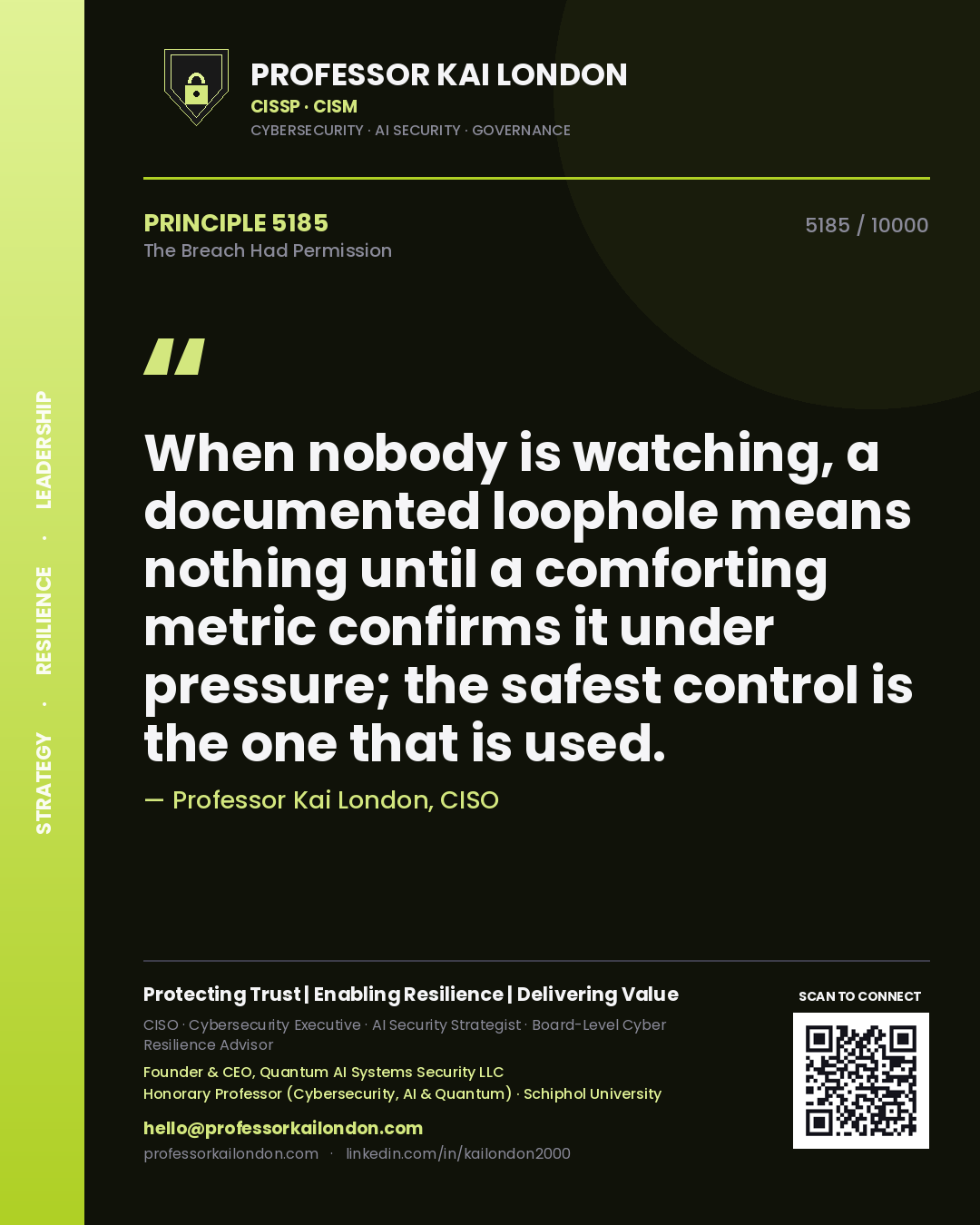 Professor Kai London principle 5185: When nobody is watching, a documented loophole means nothing until a comforting metric confirms it under pressure; the safest control is the one that is used.