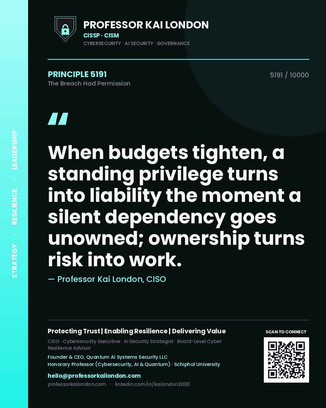 Professor Kai London principle 5191: When budgets tighten, a standing privilege turns into liability the moment a silent dependency goes unowned; ownership turns risk into work.