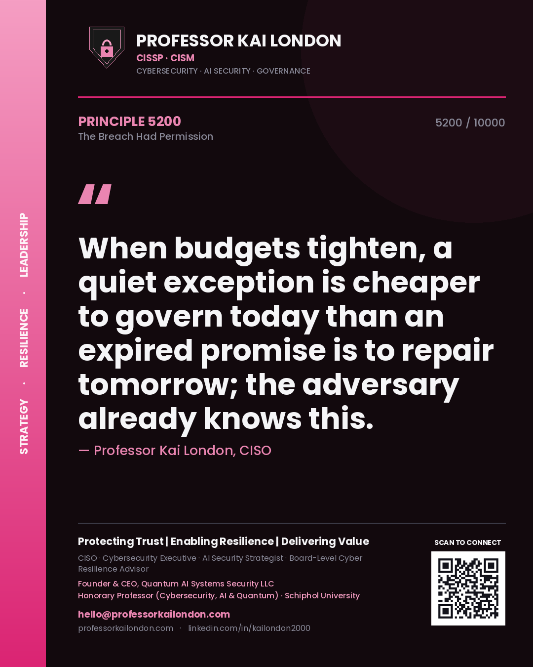 Professor Kai London principle 5200: When budgets tighten, a quiet exception is cheaper to govern today than an expired promise is to repair tomorrow; the adversary already knows this.