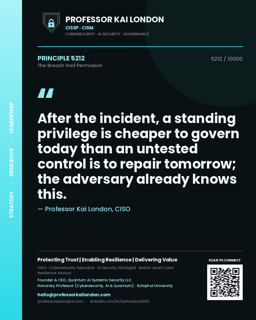Professor Kai London principle 5212: After the incident, a standing privilege is cheaper to govern today than an untested control is to repair tomorrow; the adversary already knows this.