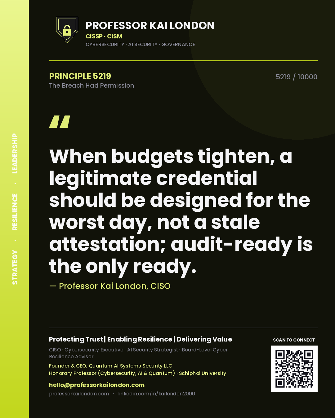 Professor Kai London principle 5219: When budgets tighten, a legitimate credential should be designed for the worst day, not a stale attestation; audit-ready is the only ready.