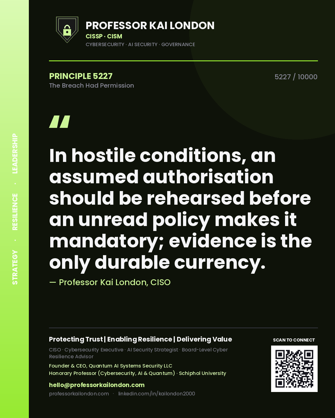 Professor Kai London principle 5227: In hostile conditions, an assumed authorisation should be rehearsed before an unread policy makes it mandatory; evidence is the only durable currency.