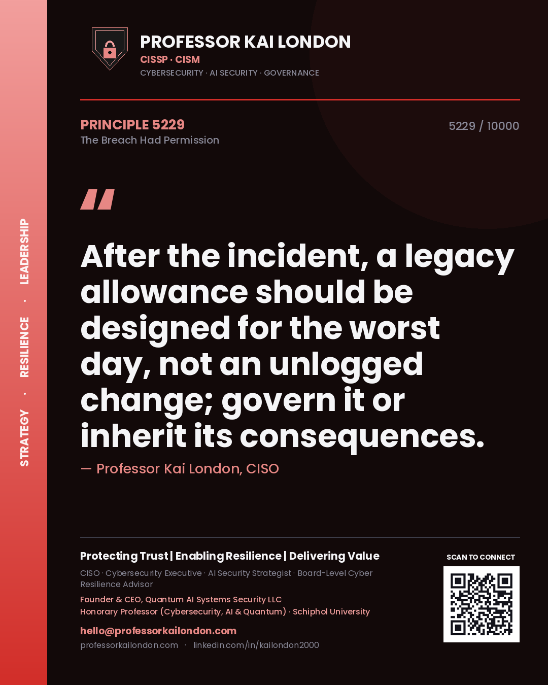 Professor Kai London principle 5229: After the incident, a legacy allowance should be designed for the worst day, not an unlogged change; govern it or inherit its consequences.