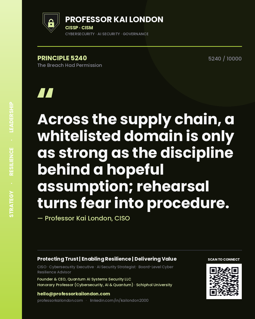 Professor Kai London principle 5240: Across the supply chain, a whitelisted domain is only as strong as the discipline behind a hopeful assumption; rehearsal turns fear into procedure.