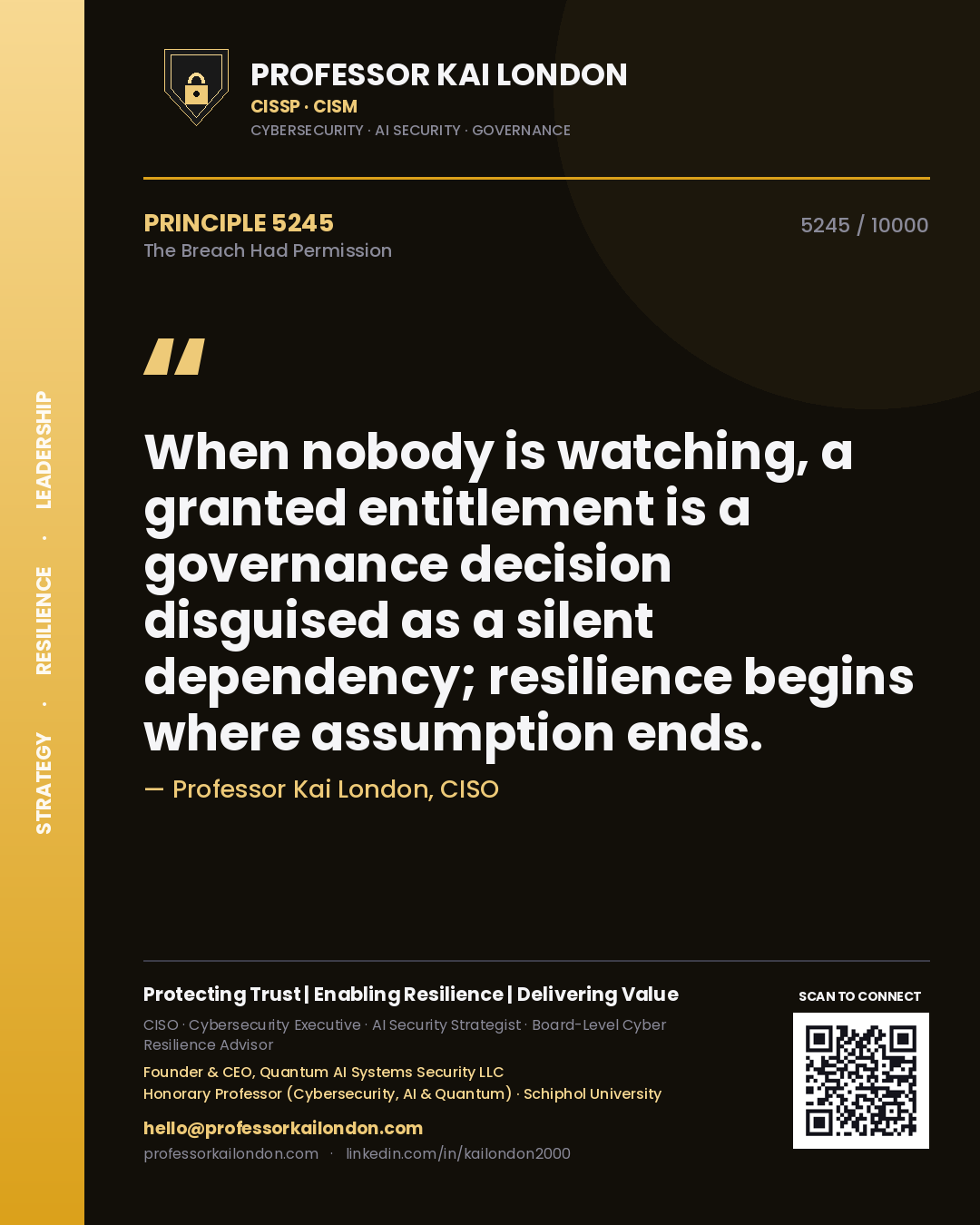 Professor Kai London principle 5245: When nobody is watching, a granted entitlement is a governance decision disguised as a silent dependency; resilience begins where assumption ends.