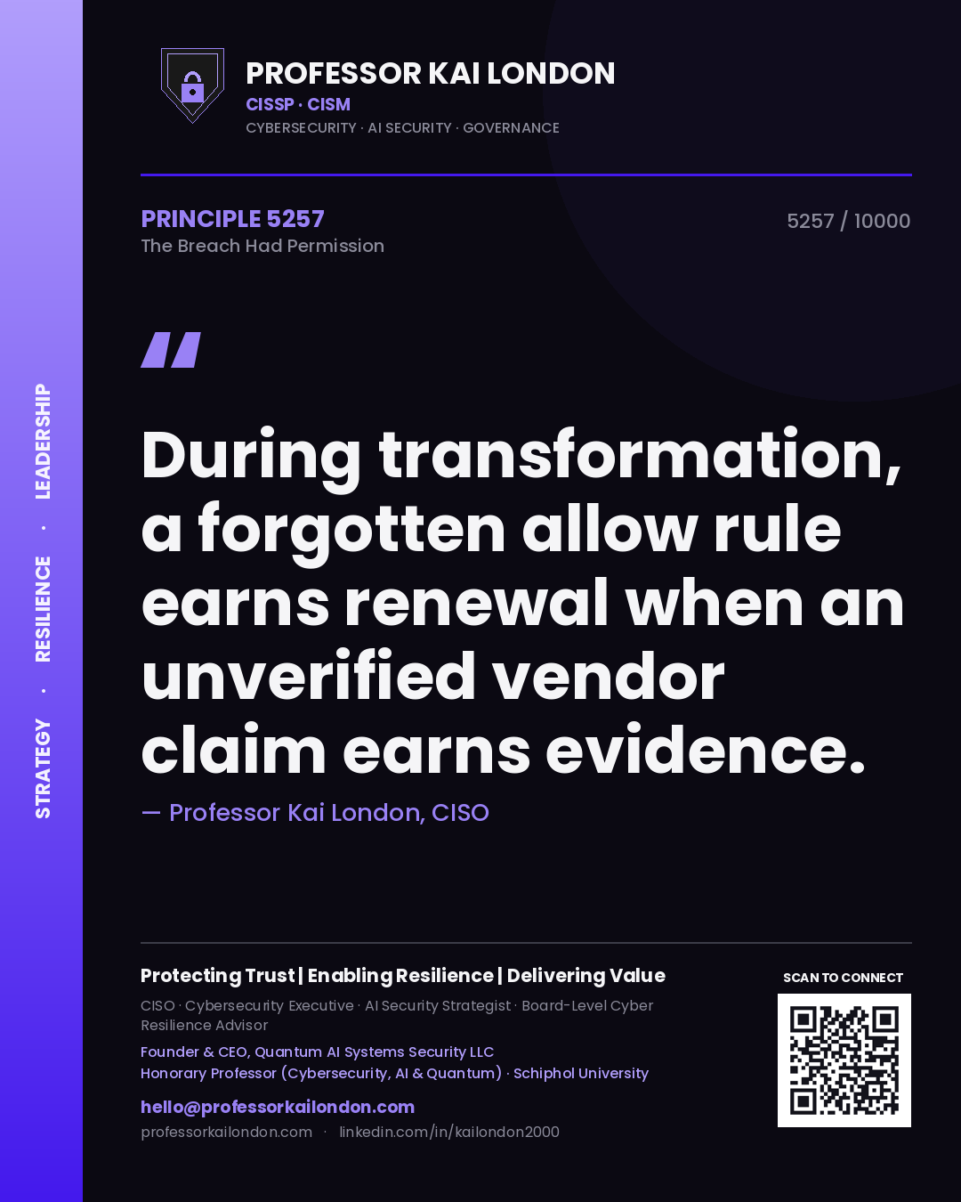 Professor Kai London principle 5257: During transformation, a forgotten allow rule earns renewal when an unverified vendor claim earns evidence.