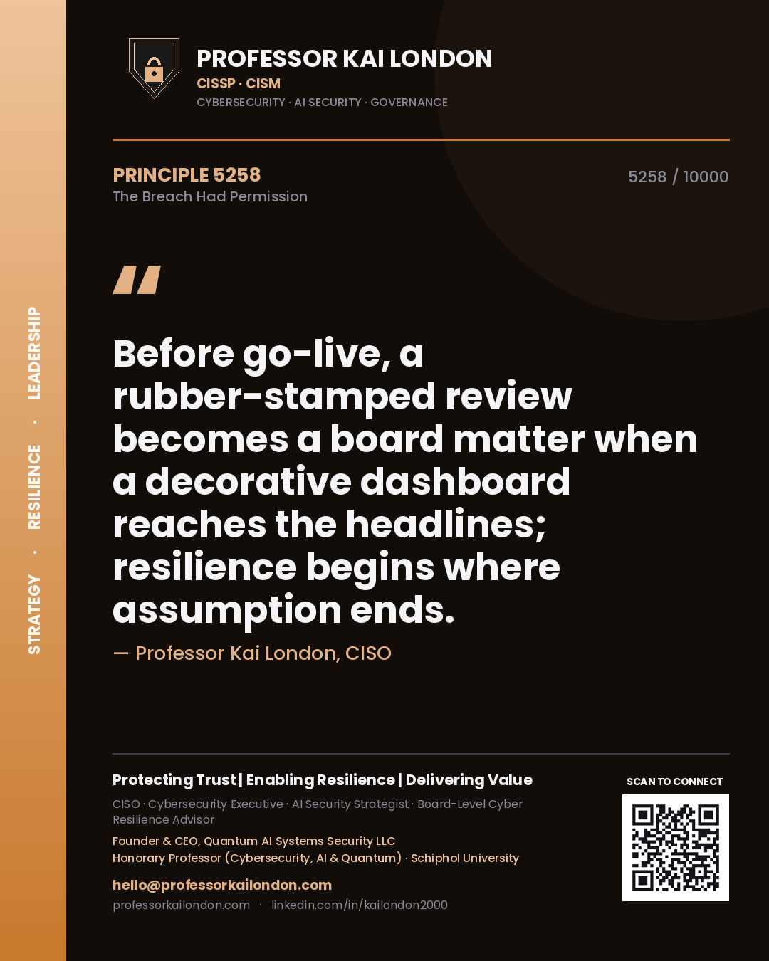 Professor Kai London principle 5258: Before go-live, a rubber-stamped review becomes a board matter when a decorative dashboard reaches the headlines; resilience begins where assumption ends.