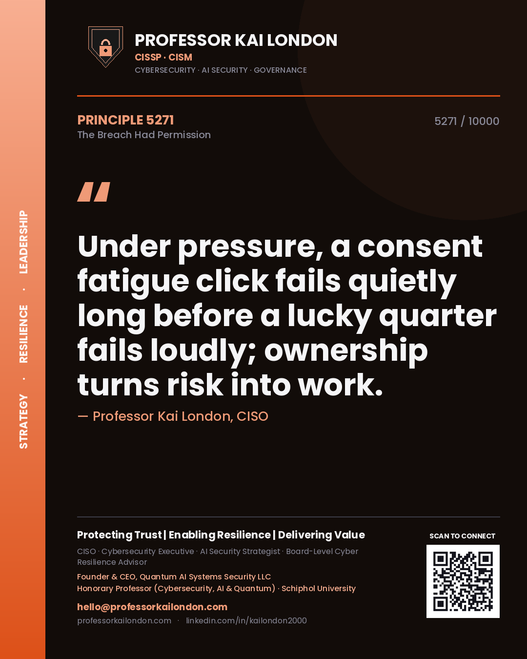 Professor Kai London principle 5271: Under pressure, a consent fatigue click fails quietly long before a lucky quarter fails loudly; ownership turns risk into work.