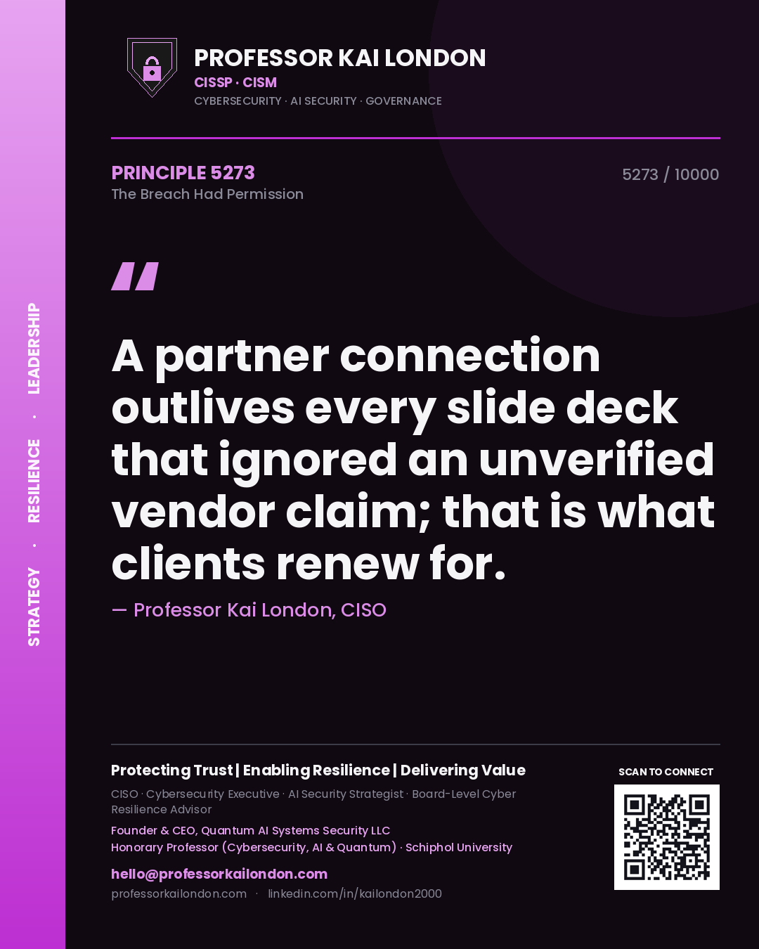 Professor Kai London principle 5273: A partner connection outlives every slide deck that ignored an unverified vendor claim; that is what clients renew for.