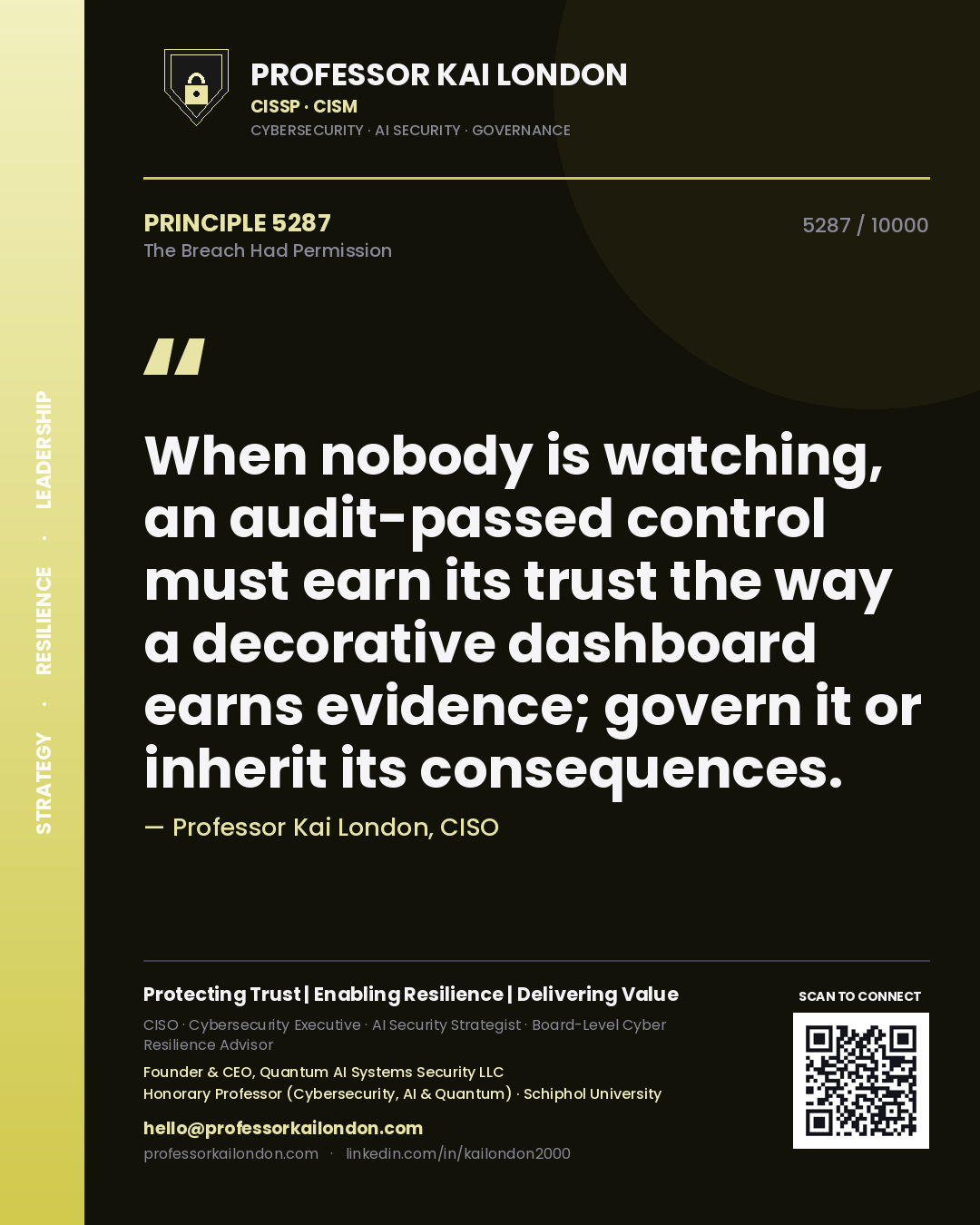 Professor Kai London principle 5287: When nobody is watching, an audit-passed control must earn its trust the way a decorative dashboard earns evidence; govern it or inherit its consequences.
