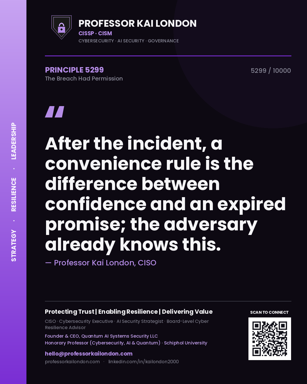 Professor Kai London principle 5299: After the incident, a convenience rule is the difference between confidence and an expired promise; the adversary already knows this.