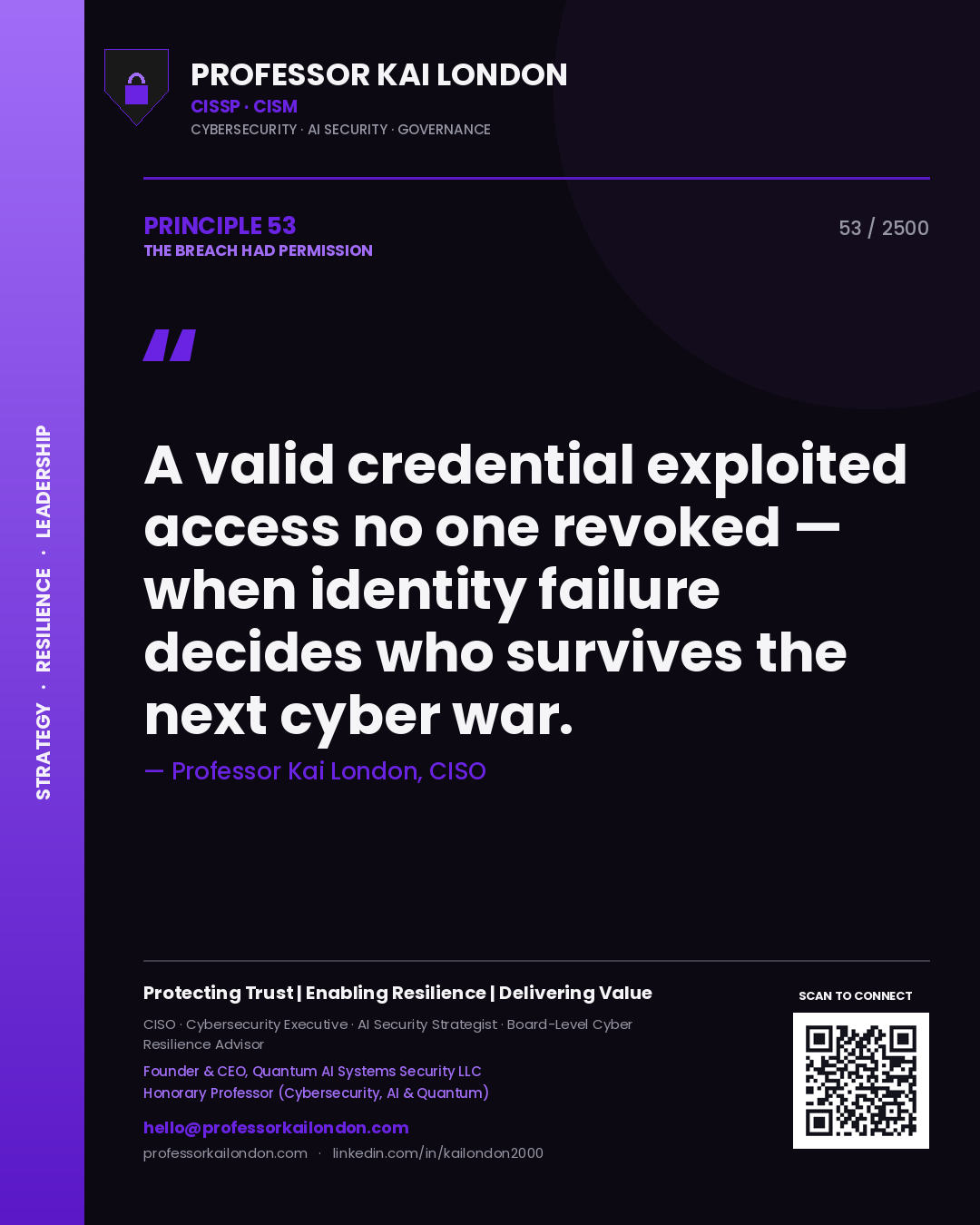 Professor Kai London principle 53: A valid credential exploited access no one revoked — when identity failure decides who survives the next cyber war.