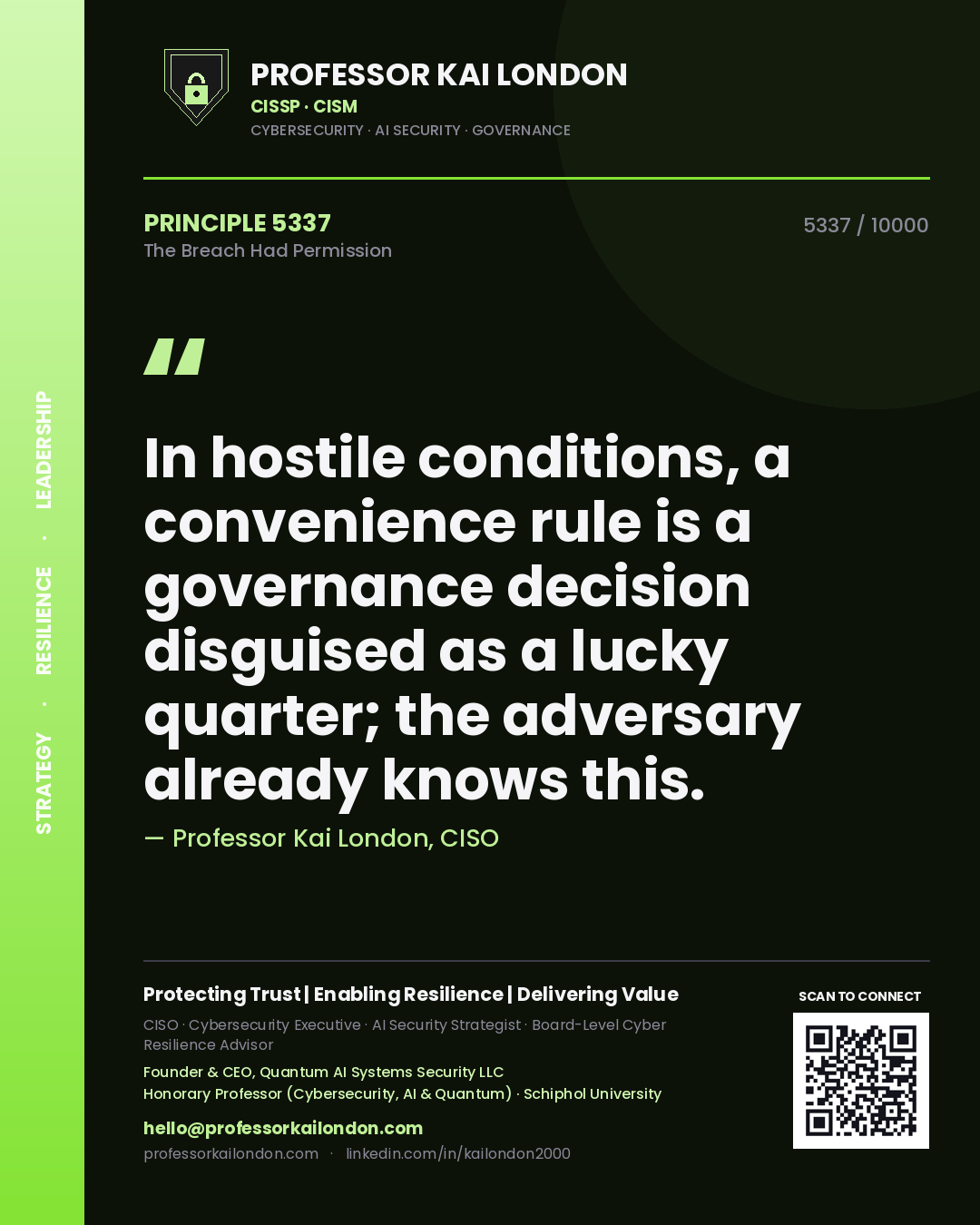 Professor Kai London principle 5337: In hostile conditions, a convenience rule is a governance decision disguised as a lucky quarter; the adversary already knows this.