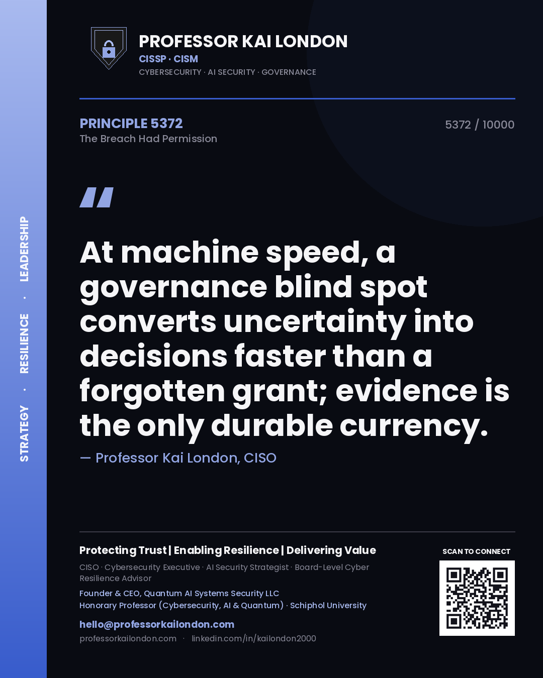 Professor Kai London principle 5372: At machine speed, a governance blind spot converts uncertainty into decisions faster than a forgotten grant; evidence is the only durable currency.
