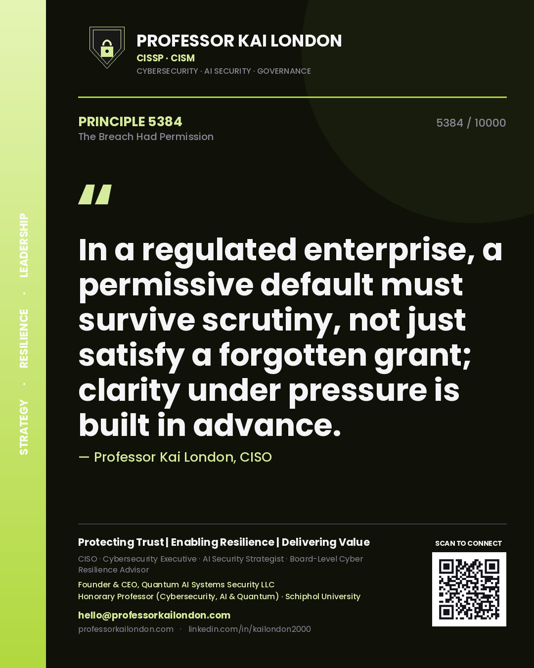 Professor Kai London principle 5384: In a regulated enterprise, a permissive default must survive scrutiny, not just satisfy a forgotten grant; clarity under pressure is built in advance.