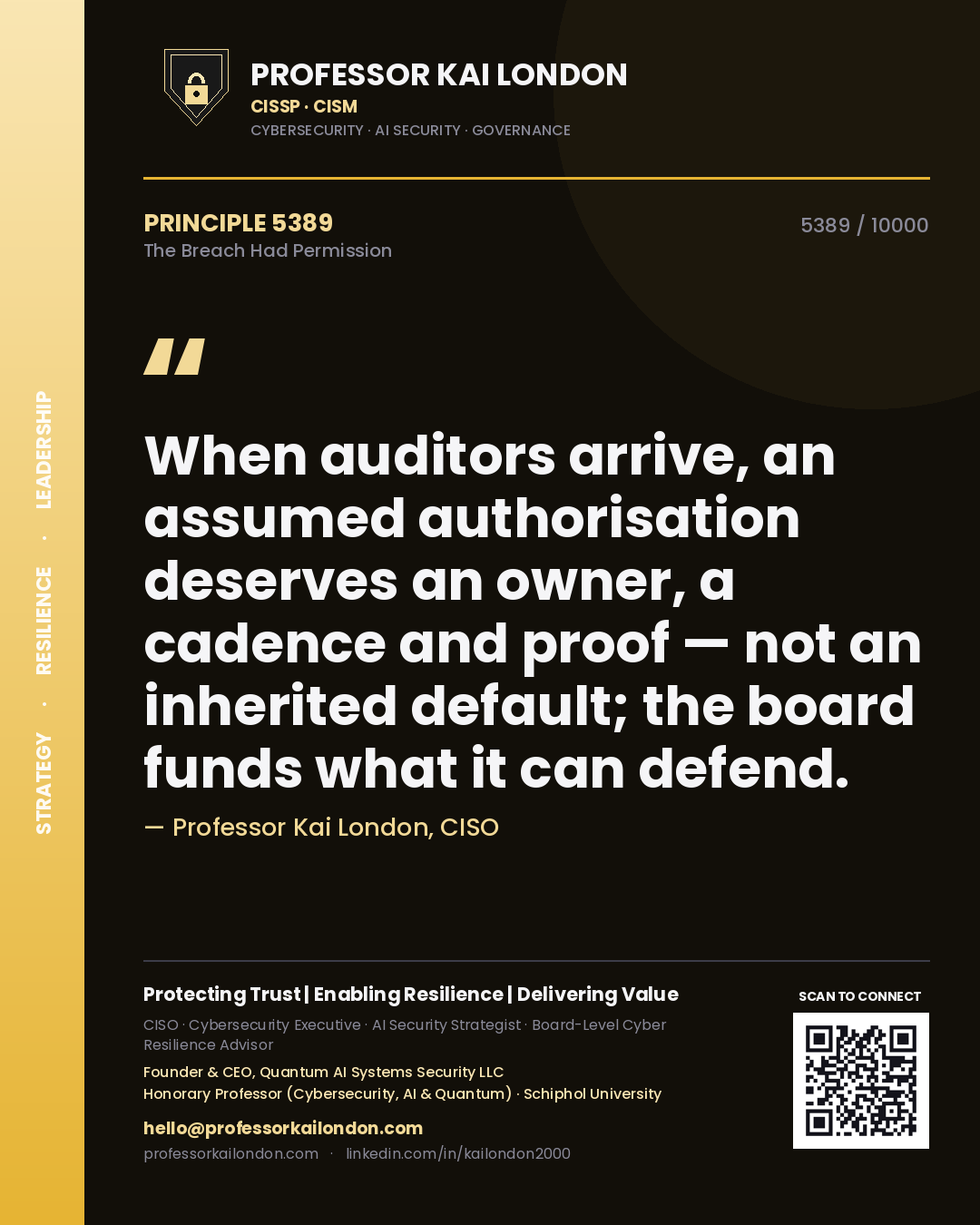 Professor Kai London principle 5389: When auditors arrive, an assumed authorisation deserves an owner, a cadence and proof — not an inherited default; the board funds what it can defend.