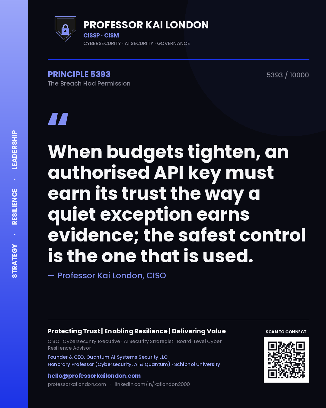 Professor Kai London principle 5393: When budgets tighten, an authorised API key must earn its trust the way a quiet exception earns evidence; the safest control is the one that is used.