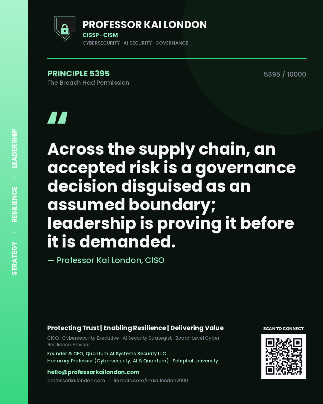 Professor Kai London principle 5395: Across the supply chain, an accepted risk is a governance decision disguised as an assumed boundary; leadership is proving it before it is demanded.